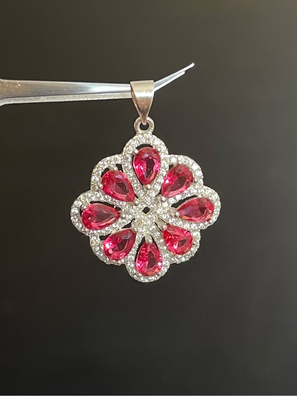 Sterling Silver 925 Floral Pendant with Pink Gemstones